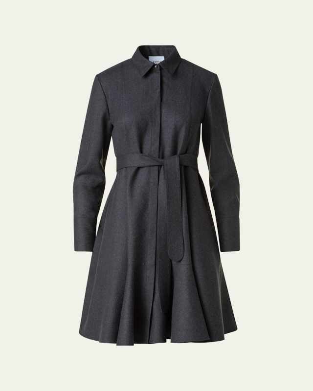 Long-Sleeve Belted Wool Flannel Shirtdress
